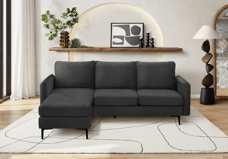 Upholstered Chaise Sofa Lounger, 85\" Wide, Black Fabric, Black Metal Legs Sofa
