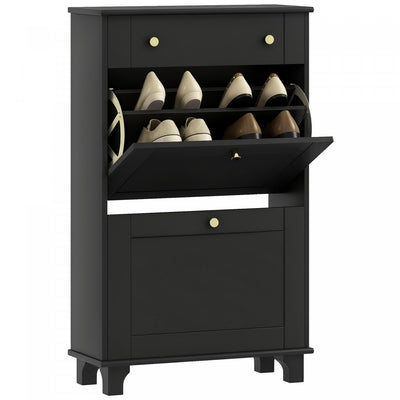 HOMCOM Narrow Shoe Cabinet w/ 2 Flip Drawers, Shoe Storage Cabinet, Black