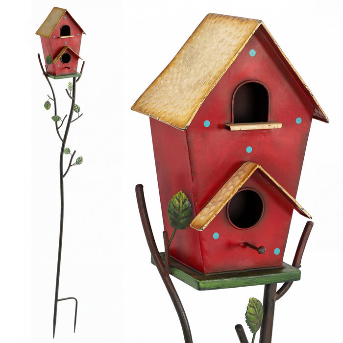 Outsunny Outdoor Bird House with Pole, 57\" Metal Birdhouse Decor, Red