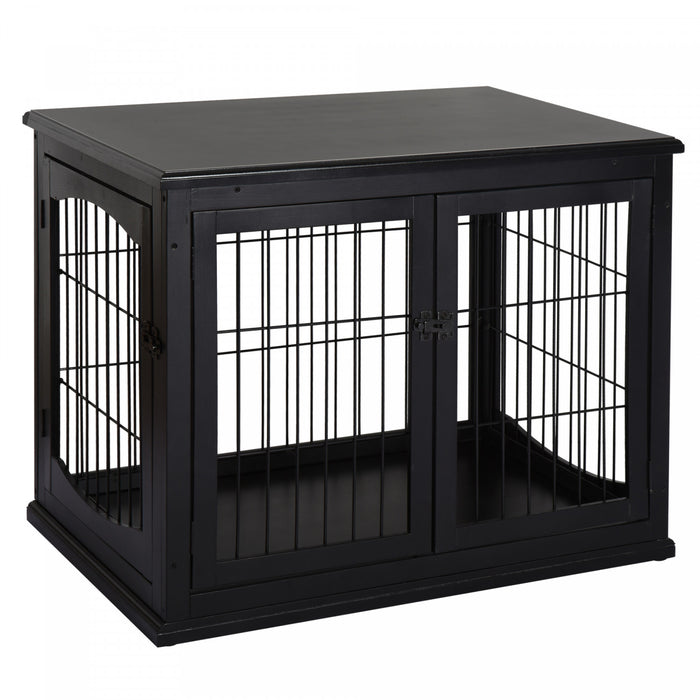 Pawhut 32\" Wooden Dog Crate Furniture Dog Cage, Modern Side Table Pet Kennel With Double Lockable Door, 32\" L X 23\" W X 26\" H, Black