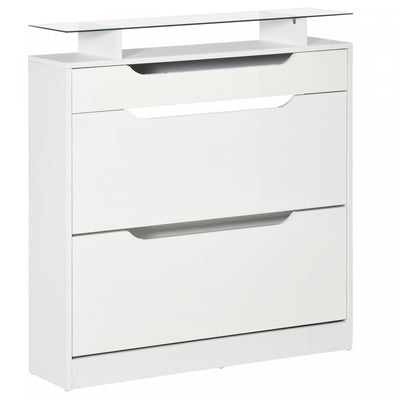 HOMCOM High Gloss Shoe Cabinet with 2 Flip Drawers and Glass Top, White