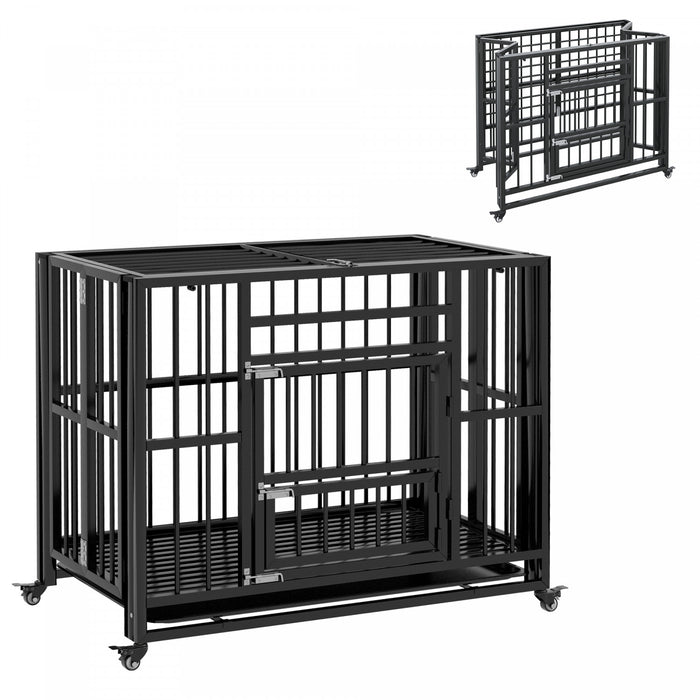 Pawhut 37\" Heavy Duty Dog Crate With Wheels For Small And Medium Dogs, Folding Dog Cage With Double Doors, Two Prevent Escape Locks, Removable Tray, Openable Top, Black