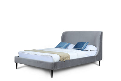 Heather Mid-Century Modern Velvet Upholstered Queen Bed in Gray and Black | Lit Queen Heather style milieu du siecle moderne, rembourre en velours gris et noir