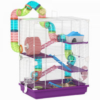 PawHut 5 Tiers Hamster Cage Portable Animal Travel Carrier Habitat with Exercise Wheels Play Tube Water Bottle Dishes House Ladder for Gerbils, Purple