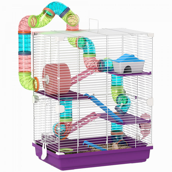 PawHut 5 Tiers Hamster Cage Portable Animal Travel Carrier Habitat with Exercise Wheels Play Tube Water Bottle Dishes House Ladder for Gerbils, Purple