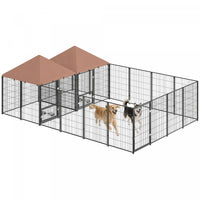 PawHut Outdoor Dog Kennel with 2 Rooms, Heavy Duty Dog Run with Rotating and Adjustable Height Bowls, Waterproof UV-Resistant Cover for Large Breeds, Ducks, 13.5' x 9.5' x 5'