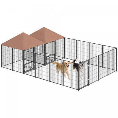 PawHut Outdoor Dog Kennel with 2 Rooms, Heavy Duty Dog Run with Rotating and Adjustable Height Bowls, Waterproof UV-Resistant Cover for Large Breeds, Ducks, 13.5' x 9.5' x 5'