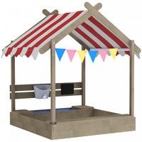 Outsunny Outdoor Kids Sandbox with Cover, Liner, Blackboard, Toys, Seat, Flags, House Design, Kids Playset for 3-7 Years Old, Backyard, Grey