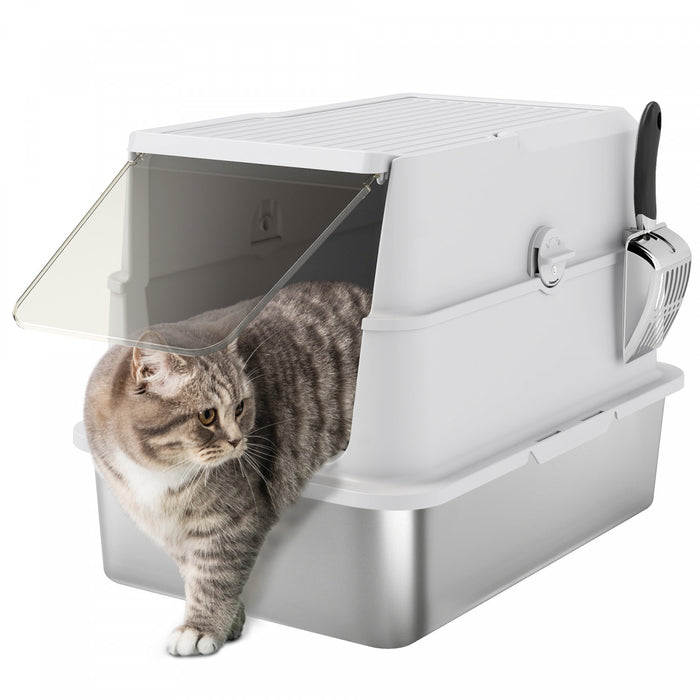 Pawhut Xl Stainless Steel Cat Litter Box With Lid, Extra Large Enclosed Metal Litter Box For Big Cats With Scoop, Flip Top, Easy Clean & No Odors, Non-sticky