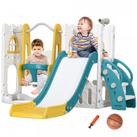 Qaba 6-in-1 Slide And Swing Set With Basketball Hoop, Climber, Baby Swing Set Indoor Playground With
