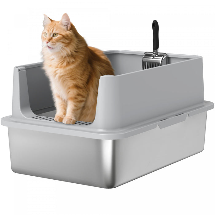 Pawhut Stainless Steel Cat Litter Box, Xl Kitty Litter Box For Big And Multiple Cats With High Wall Side, Scoop, Anti-leakage, Easy Cleaning & Odor Free