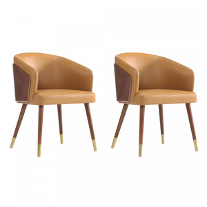 Reeva Modern Wood Vegan Leather Dining Chair in Camel - Set of 2