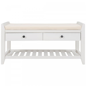 Stephanie Pine Wood Shoe Rack Bench With Cushioned Seat With Storage Drawers - White