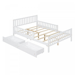 Emma Wood Platform Bed with Guardrails and Storage Drawers,Full Size - White