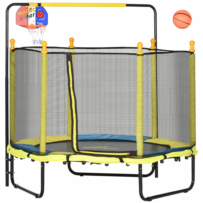 Qaba 55\" Trampoline for Kids, 47.2\"-55.1\"H Indoor Outdoor Toddler Trampoline with Safety Enclosure Net, Baby Recreational Play for Boys and Girls, Ages 3-10, Yellow