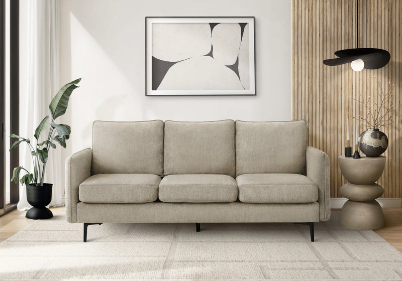 Upholstered Sofa, 76\"L, Beige Fabric, Black Metal Legs, Contemporary, Modern Sofa