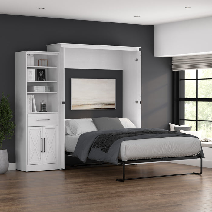 Bestar Key West Queen Murphy Bed & Closet Organizer with Drawer & Doors (94 W) - Pure White Oak
