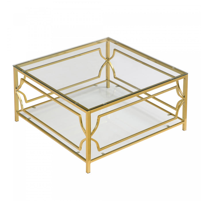 Gleam 33.5 Inch Square Tempered Glass Coffee Table with Geometric Gold Frame and Lower Shelf, Transparent