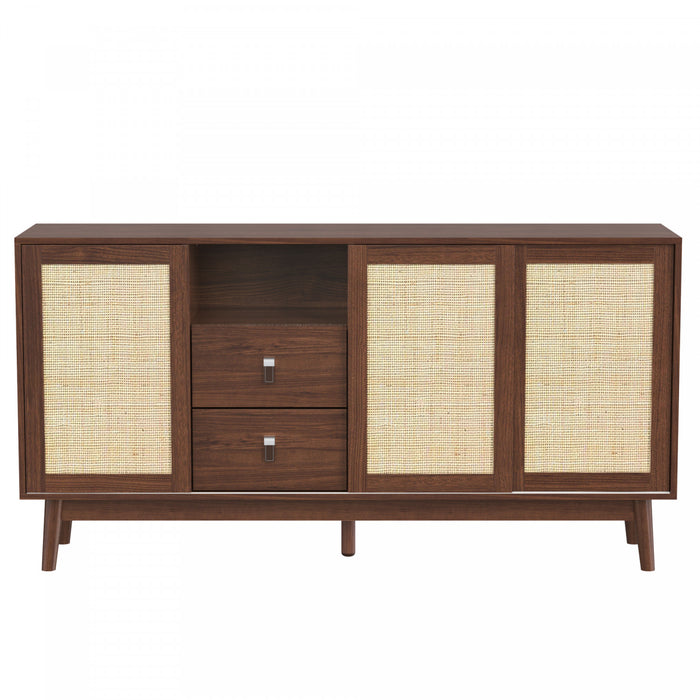 Oliver 61\" Sideboard Cabinet with Rattan Sliding Doors and Drawers,Dark Brown Accent Cabinet
