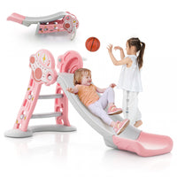 Costway 3-in-1 Kids Indoor Slide With Basketball Hoop & Basketball, Safe Buffer Zone Pink