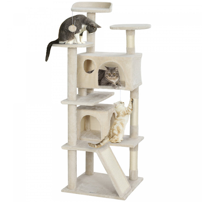 Pawhut 54\" Cat Tree, Cat Tower For Indoor Cats With Scratching Posts, Cat Condos, Bed, Platforms, Ramp, Toy Ball, Cat Activity Center, Beige