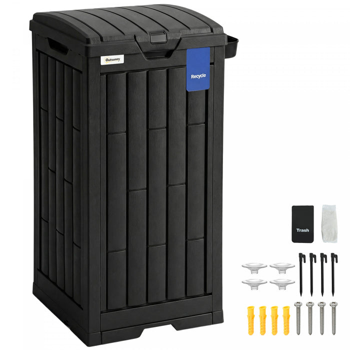 Outsunny 29 Gallon Outdoor Garbage Bin with Dual Lid and Side Holder, Waterproof Plastic Garbage Can with Drip Tray, Outdoor Waste Trash Can for Patio, Backyard, Garden, Black