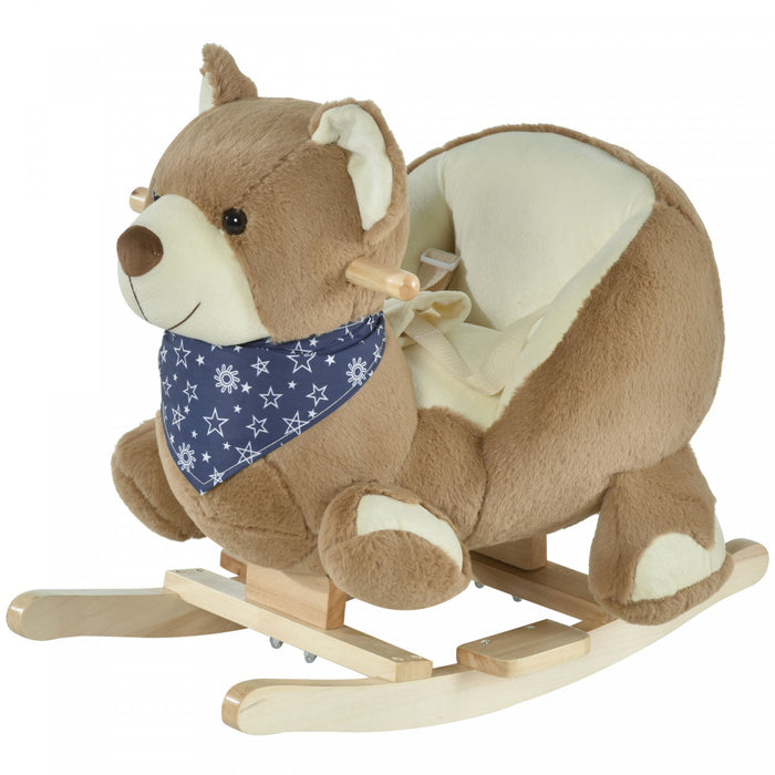 Qaba Rocking Horse, Kids Ride On Horse Bear-theme Soft Plush With Music, Seat Belt, Wooden Base For 18-36 Months