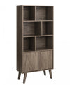 Milo Mid-Century Modern Bookcase with 6 Shelves, 2 Doors & Brushed Brass-Finished Knobs - Drifted Grey