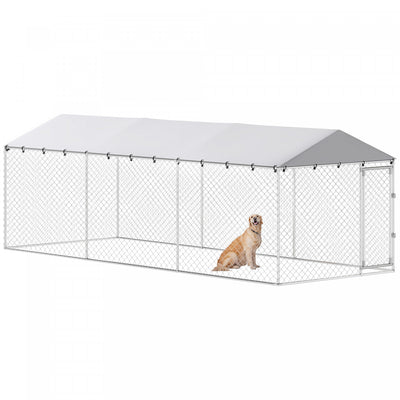 PawHut Outdoor Dog Kennel Dog Run with Waterproof, UV Resistant Cover for Small and Medium Sized Dogs, 6.6' x 6.6' x 4.9', Silver