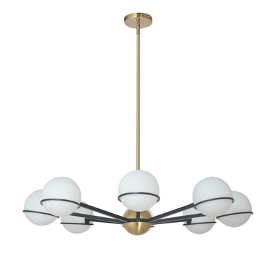Dainolite Sofia 8 Light Chandelier Matte Black/Aged Brass White Opal Glass Lamp|Lustre Sofia de Dainolite en verre blanc opale, avec fini noir mat et laiton vieilli, et 8 ampoules
