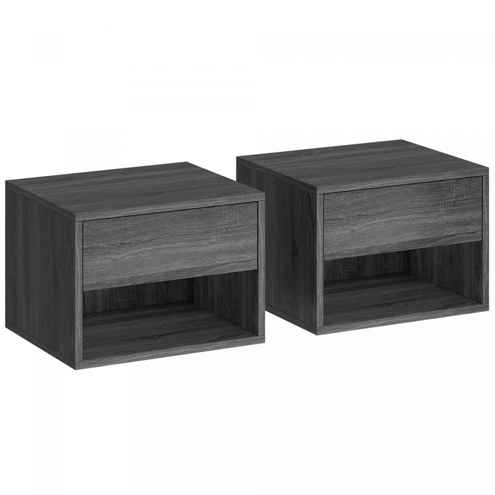 HOMCOM Floating Nightstand Set of 2 with Drawer and Shelf, Grey