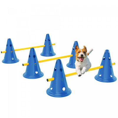 PawHut Dog Agility Hurdle Cone Set, Adjustable Obstacle Course Equipment with 6 Cones & 6 Poles, Portable Canine Agility Training Set with Carry Bag, Blue