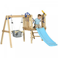 Outsunny Kids Swing Set with Slide, Wooden Swing Set with Baby Swing Seat, Captain's Wheel, Telescope, Outdoor Play Structure for Playground, for Ages 18-48 Months, Natural