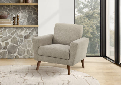 Upholstered Accent Chair, 34" Wide, Light Brown Fabric, Walnut Wood Legs, Mid-Century Accent Chair | Chaise D'Appoint Rembourre, 34"L, Tissu Marron Clair, Pieds En Bois De Noyer, Mid-Century
