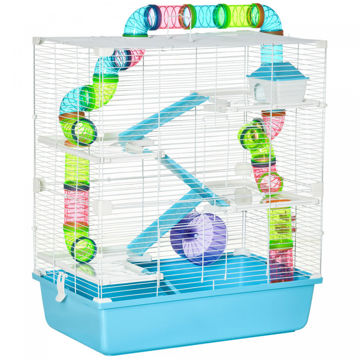 Pawhut 23\" Large Hamster Cage, Small Animal House, 5-level Gerbil Haven, Tunnel Tube System, With Water Bottle, Exercise Wheel, Food Dish, Ramps, 2 Doors, Light Blue