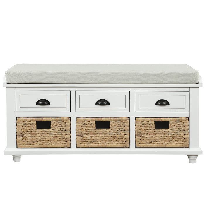 Harvey Solid Wood Storage Bench With Drawers And Rattan Baskets - White
