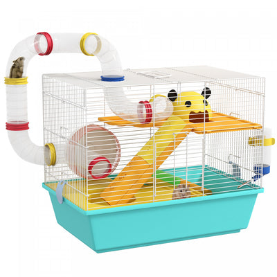 PawHut Hamster Cage 3 Tiers Small Animal House for Dwarf Hamster Gerbil Cage with Complete Tunnels, Water Bottle, Exercise Wheel, Food Dish, Ramps, Hut, 18" x 11" x 15", Light Blue