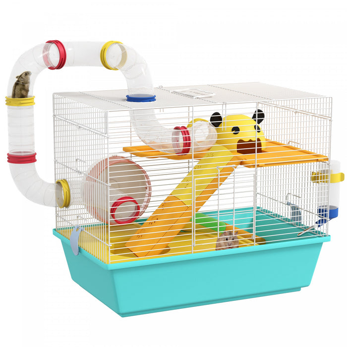 PawHut Hamster Cage 3 Tiers Small Animal House for Dwarf Hamster Gerbil Cage with Complete Tunnels, Water Bottle, Exercise Wheel, Food Dish, Ramps, Hut, 18\" x 11\" x 15\", Light Blue
