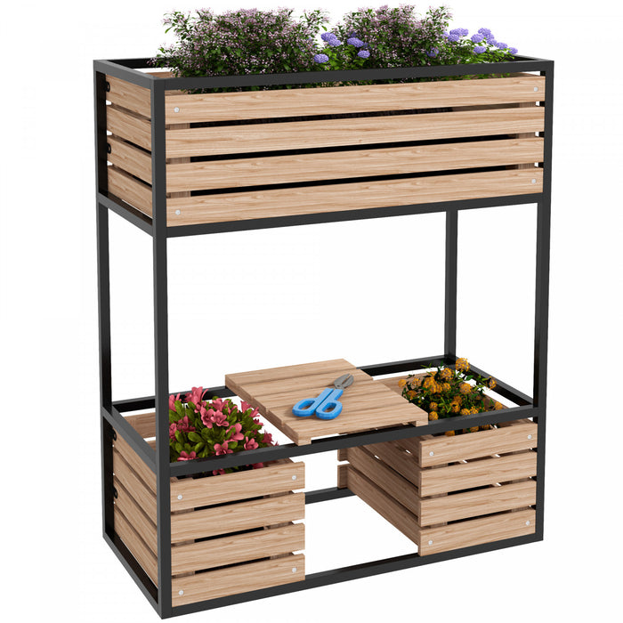 Outsunny 2-tier Raised Garden Bed, Elevated Planter Box With Storage Shelf, Wood Plant Stand For Flowers, Vegetables, Herbs, Light Brown