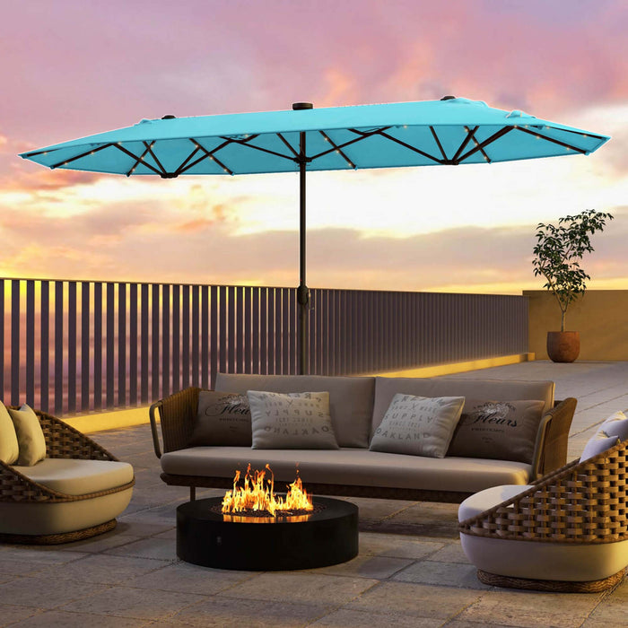 Costway 13FT Double-sided Patio Umbrella with Solar Lights Crank Handle Umbrella Base Turquoise
