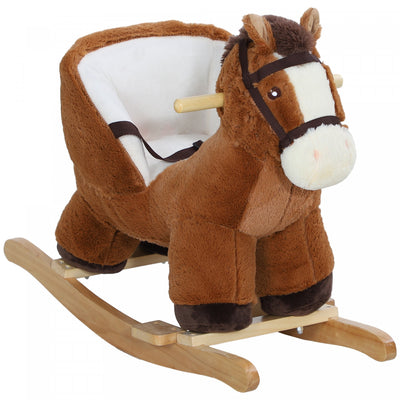 Qaba Baby Rocking Horse, Plush Animal Rocker For Toddlers Aged 18-36 Months, Stuffed Ride Toy With Sounds, Seat Belt, Brown