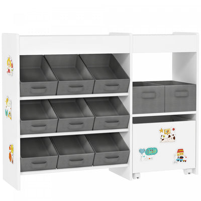 Qaba Toy Storage Organizer, Montessori-Inspired Kids BookShelf with 11 Non-Woven Fabric Boxes, Storage Cabinet & Shelves, Toy Shelf for Kids Room, Nursery, Playroom, White