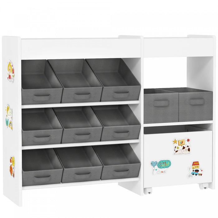 Qaba Toy Storage Organizer, Montessori-Inspired Kids BookShelf with 11 Non-Woven Fabric Boxes, Storage Cabinet & Shelves, Toy Shelf for Kids Room, Nursery, Playroom, White