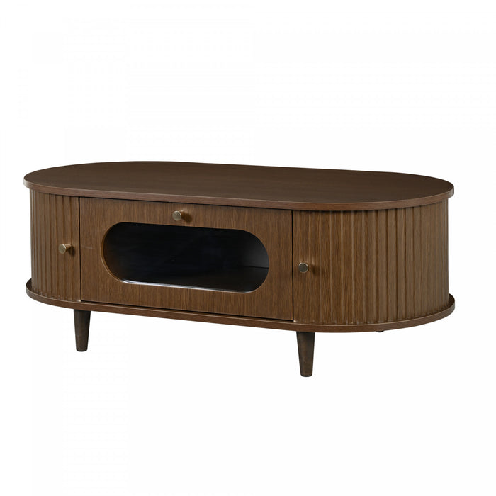 Grain 39.3 Inch Walnut Coffee Table with Roll-Up Door and Acrylic Drawer, Walnut