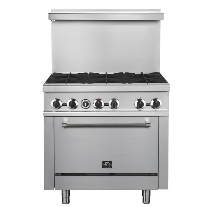 FORNO Commerciale 36 Inch Stainless Steel Gas Range, 6 Burners, 180,000 BTU Total - FCMGR0093-36