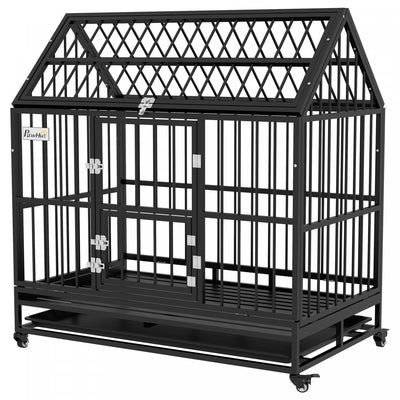 Pawhut 49" Heavy Duty Dog Crate, Metal Dog Kennel Cage With Openable Roof, Removable Tray, Doors, Wh|Pawhut Cage Pour Chien Robuste En Metal De 49" Avec Plateau Amovible, Portes, Toit Ouvrant, Roues, P