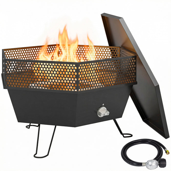 Outsunny Outdoor Fire Pit, Foldable Propane Firepits with Lid, Black