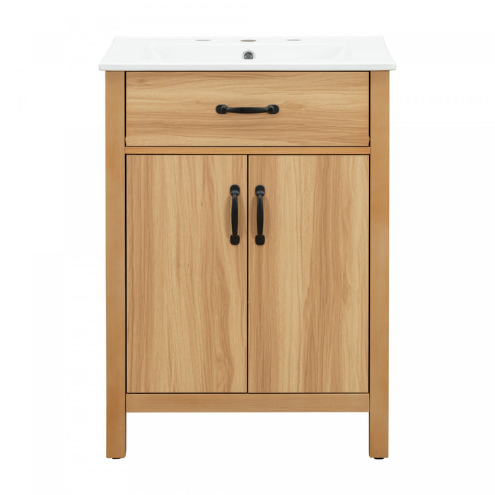 Nolan 24 Inch Modern Wood Bathroom Vanity with Ceramic Sink & Storage, Brown