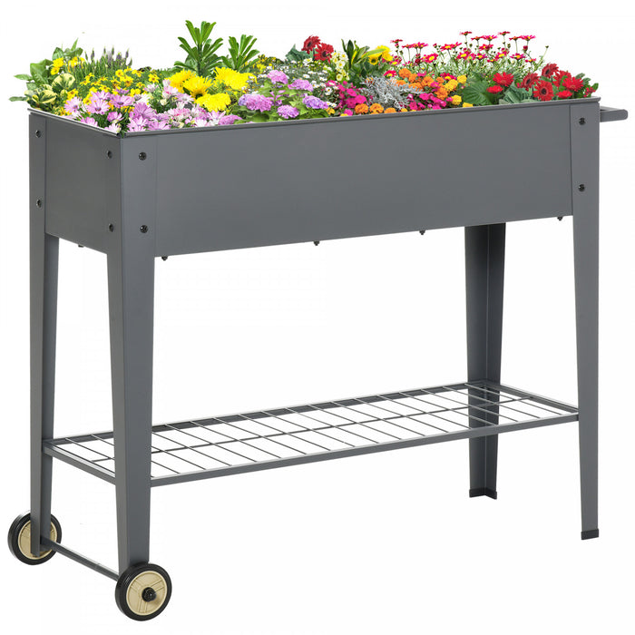 Outsunny 41\" X 15\" X 32\" Elevated Planter Box With Legs Raised Garden Bed Elevated With 2 Wheels, Bottom Shelf For Storing Tools, & Water Drainage Hole, Grey