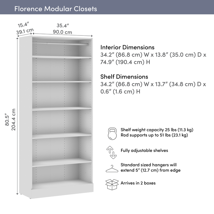 Bestar Florence 35\" Modular Reach-In/Walk-In Closet System with Shelves - White